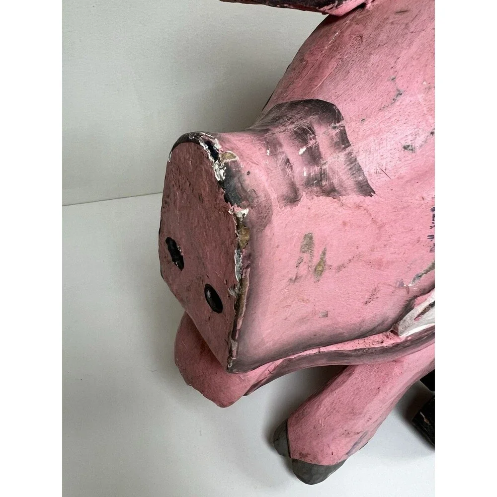 Vintage Handcrafted Carved Wooden Pig on Wheels Art Sculpture Statue Country